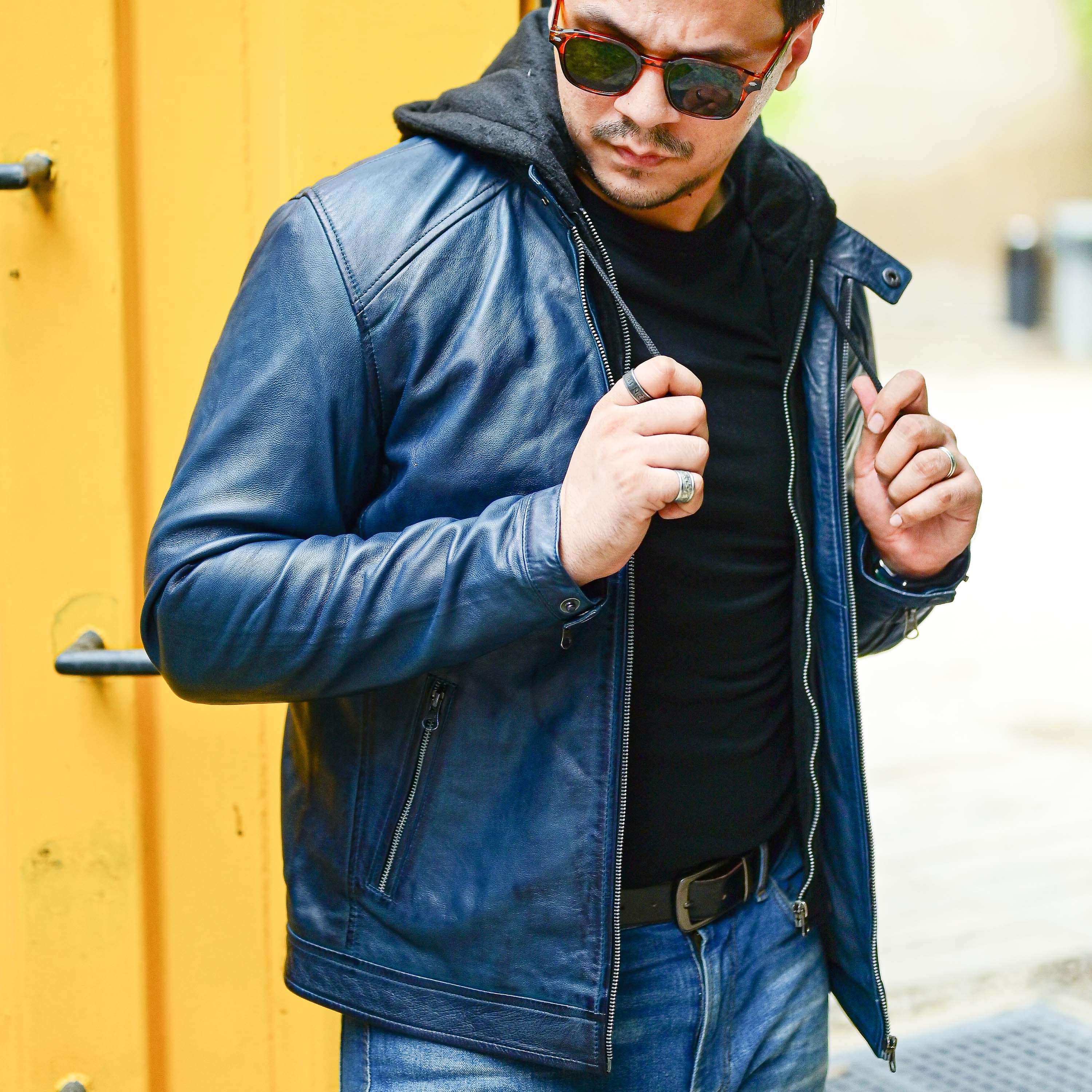 Mens Blue Casual Hooded Vintage Leather Jacket with Removable Hood